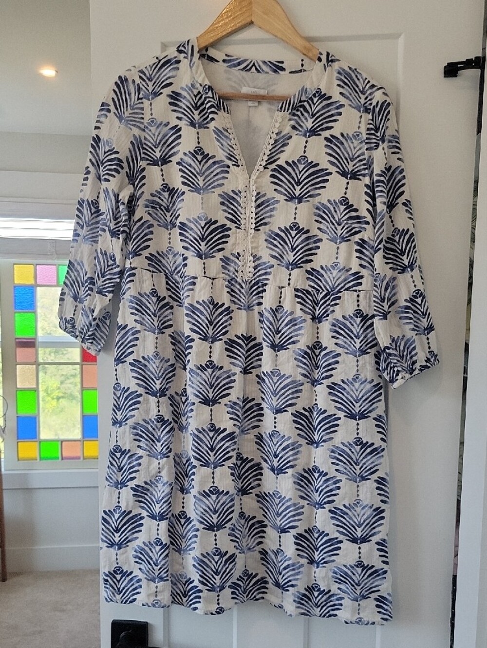 J. Jill White Patterned Midi Dress with Blue Botanical Print With Pockets